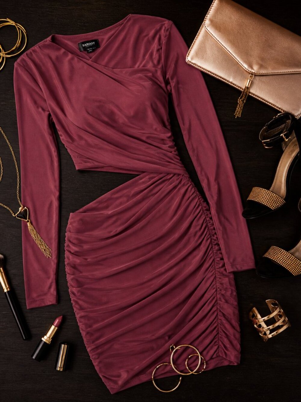 Bardot Ruched Cutout Mini Dress Long Sleeve Rosewood Size 6